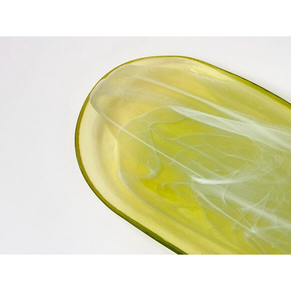 Lemon Lime Swirly Patterned Art Glass Oval Shaped Vintage Decorative Plate - Picture 4 of 13